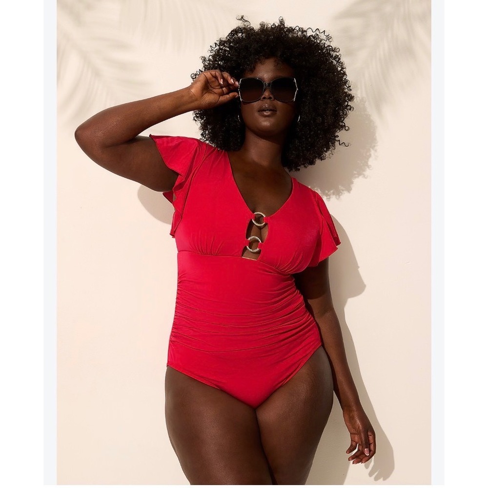 Cacique Swim Red Ruffle Flutter Sleeve Ring One Piece Swimsuit Size 14